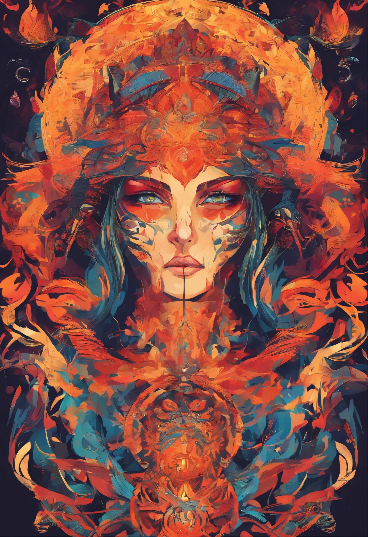 fire, scary, Art Nouveau, Digital Painting, upper body shot, textured, Faded, Mosaic, multicoloured colors, Metalheart, spot lighting, Ultra-realistic, highly detailed, natural lighting, ocean environment, Unity engine, 8k