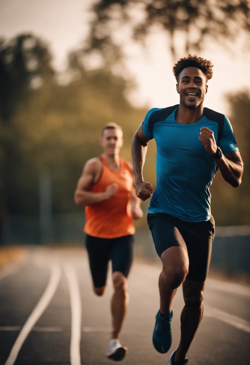 Portrait of an athlete running with expression of happiness by physical exertion, pessoas ao fundo se movimentando