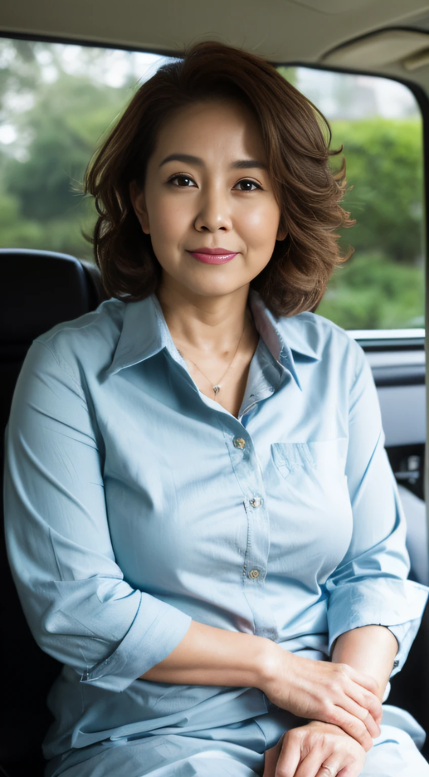 ((Best Quality, 8K, Masterpiece, Portrait: 1.3)), (Viewing Viewer), Photorealistic, Sharp Focus, Solo, Japanese MILF, Beauty, , Full Body, Busty, Curly Hair, Wrinkles at the corners of the eyes, collared shirt, ((sitting on car)),