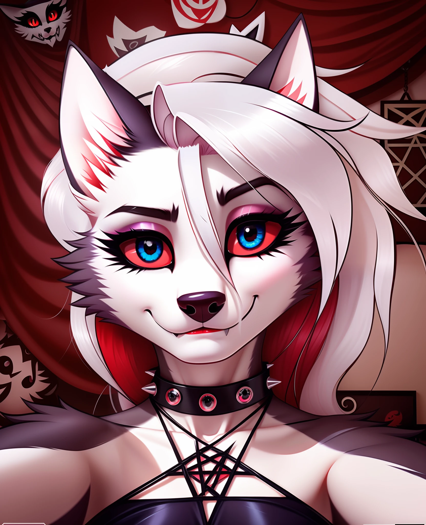 masterpiece, best quality, face portrait of a female anthro loona hellhound, loonacroptop, detailed face, (detailed eyes, slit pupils, white pupils:1.2), (red sclera), smile, [spiked collar, pentagram], (looking at viewer), selfie