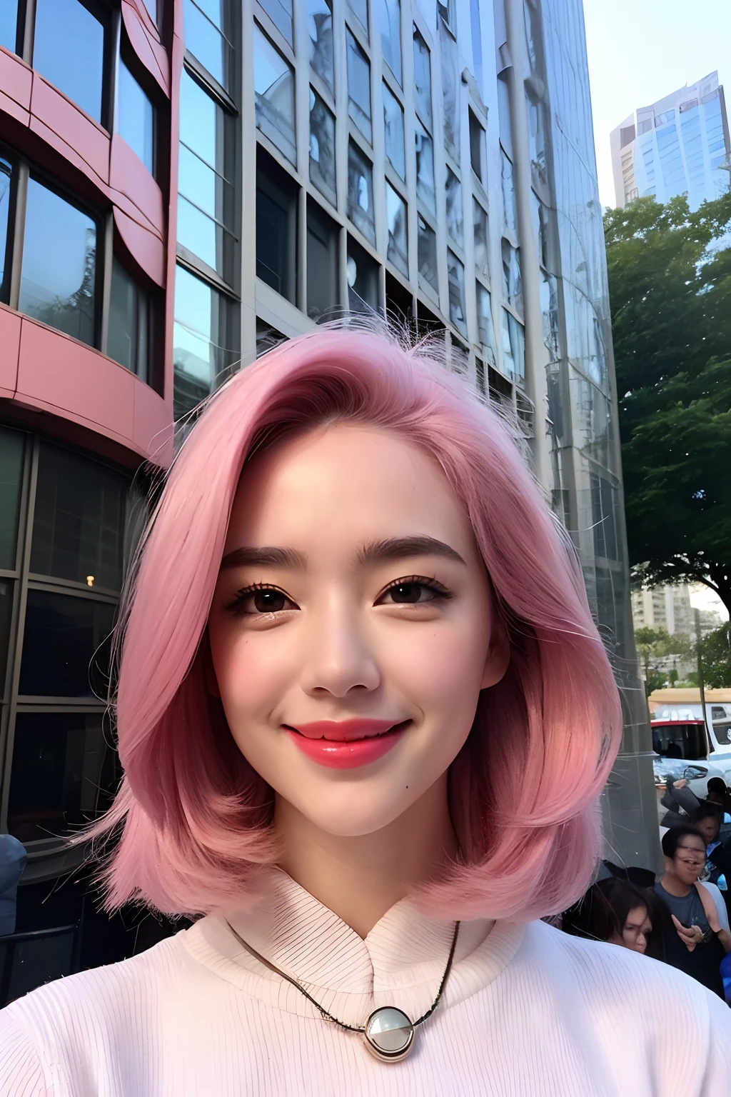 (extra detailed body、extra detailed face、best qualtiy:1.2)、femele、looking at the viewers、(A pink-haired、Thunderbird worldview、Mobilesuit、a smile、Bright red lipstick)、(Pink distorted oddly shaped building on background)