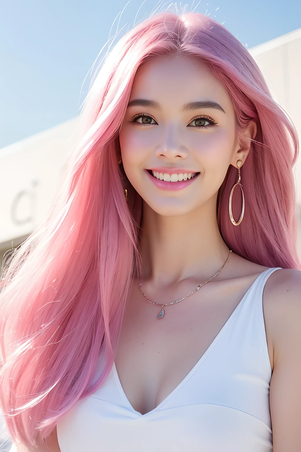 (extra detailed body、extra detailed face、best qualtiy:1.2)、femele、looking at the viewers、(A pink-haired、a smile、Earrings of feathers up to the shoulders、a necklace、near future)、(Oval pink building、art by)