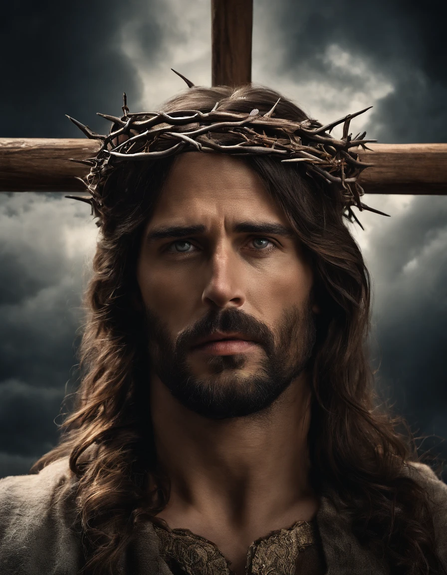 A photorealistic photo capturing Jesus on the cross, with a bird's-eye view looking straight down at Him. ((Crown of thorns on head)). The focus of the image is on Jesus' face as He gazes up at the heavens, gasping for air in the midst of His crucifixion. The scene is set outdoors, with a clear sky in the background. The lighting should be dramatic, emphasizing the emotional intensity of the moment, with rays of sunlight breaking through the clouds to create a sense of divine presence.