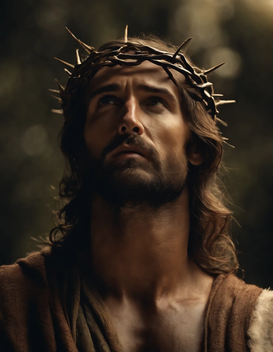 A photorealistic photo capturing Jesus on the cross, with a bird's-eye view looking straight down at Him. ((Crown of thorns on head)). The focus of the image is on Jesus' face as He gazes up at the heavens, gasping for air in the midst of His crucifixion. The scene is set outdoors, with a clear sky in the background. The lighting should be dramatic, emphasizing the emotional intensity of the moment, with rays of sunlight breaking through the clouds to create a sense of divine presence.