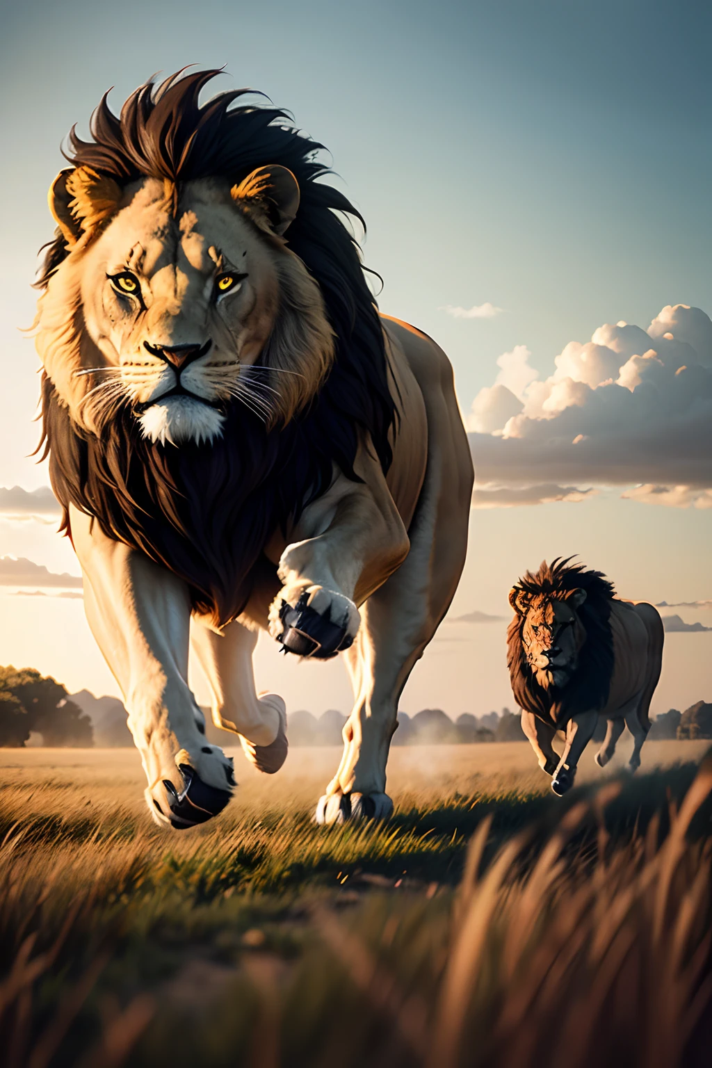 Giant lion running through the open field, Hunting Buffalos, Cinematic, 35mm lens, f/1.8, accent lighting, global illumination –uplight –v 4