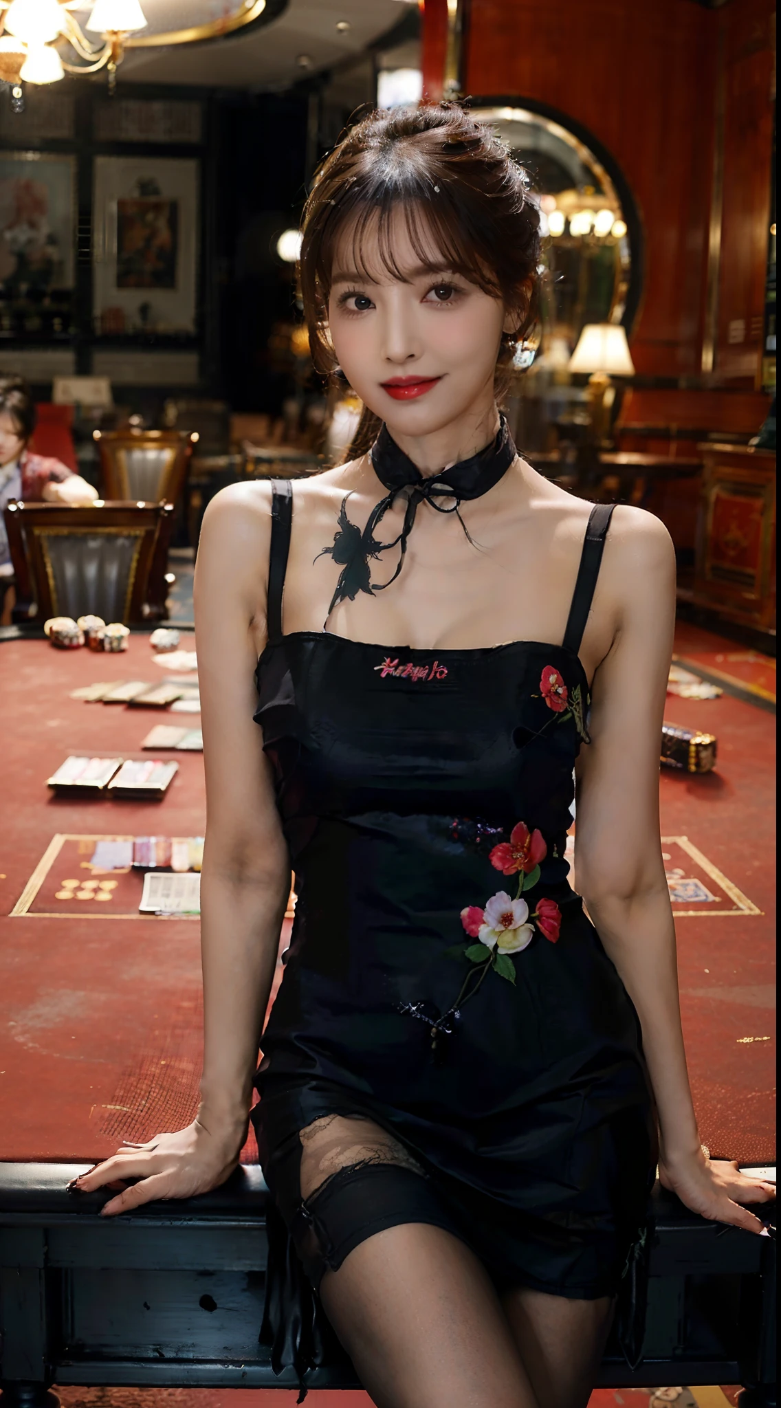 8K，masterpiece，best quality，In the casino，,sitting upright on the chair behind the Gambling table，The gambling table is in front of the girl，Playing cards are placed on the gambling table，Dark Light，crowded crowd，foul atmosphere，A girl，Extremely detailed facial details，shoulder length black straight short hair，hair Tied up, smile，happy，Maxi embroidered cheongsam，big breasts，slim, thin,Black stockings, high heels，close shot，cowboy shot，Directly facing the camera，Holding a playing card in hand，from front，upper body