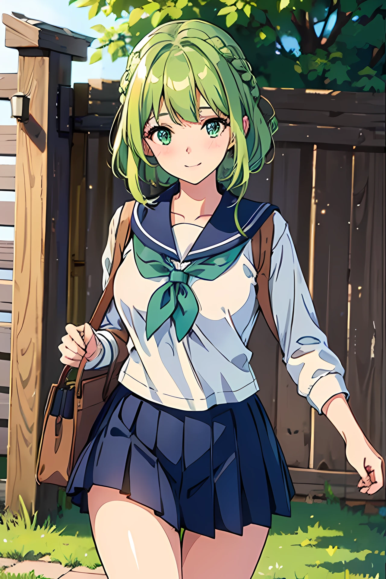 (masterpiece), best quality, expressive eyes, perfect face, 1girl, detailed fingers, sailor school uniform, navy skirt, dynamic pose, hpose gravure pose, light green hair, medium hair, dutch-crown braid, detailed hair strands, golden eyes, droopy eyes, expressive face, blush, a bit smile,  blurry background, rural town, lovely medium breasts depth field of view, volumetric lighting, carrying bag