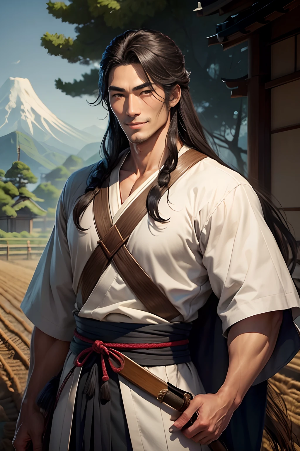 feudal japanese male farmer. tall and broad man, with long face a a dark mane-like hair. he's smiling
