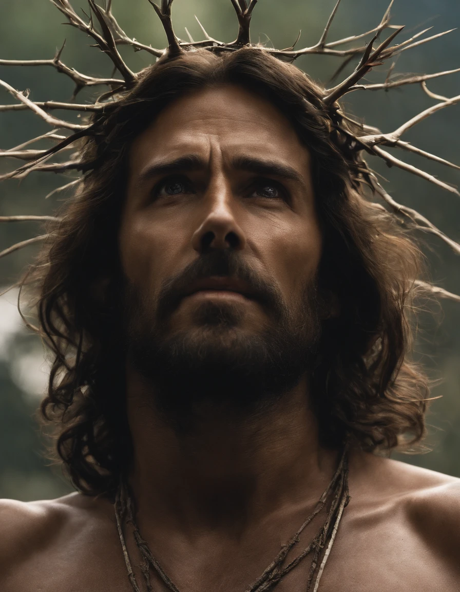 A photorealistic photo capturing Jesus on the cross, with a bird's-eye view looking straight down at Him. ((Crown of thorns on head)). The focus of the image is on Jesus' face as He gazes up at the heavens, gasping for air in the midst of His crucifixion. The scene is set outdoors, with a clear sky in the background. The lighting should be dramatic, emphasizing the emotional intensity of the moment, with rays of sunlight breaking through the clouds to create a sense of divine presence.