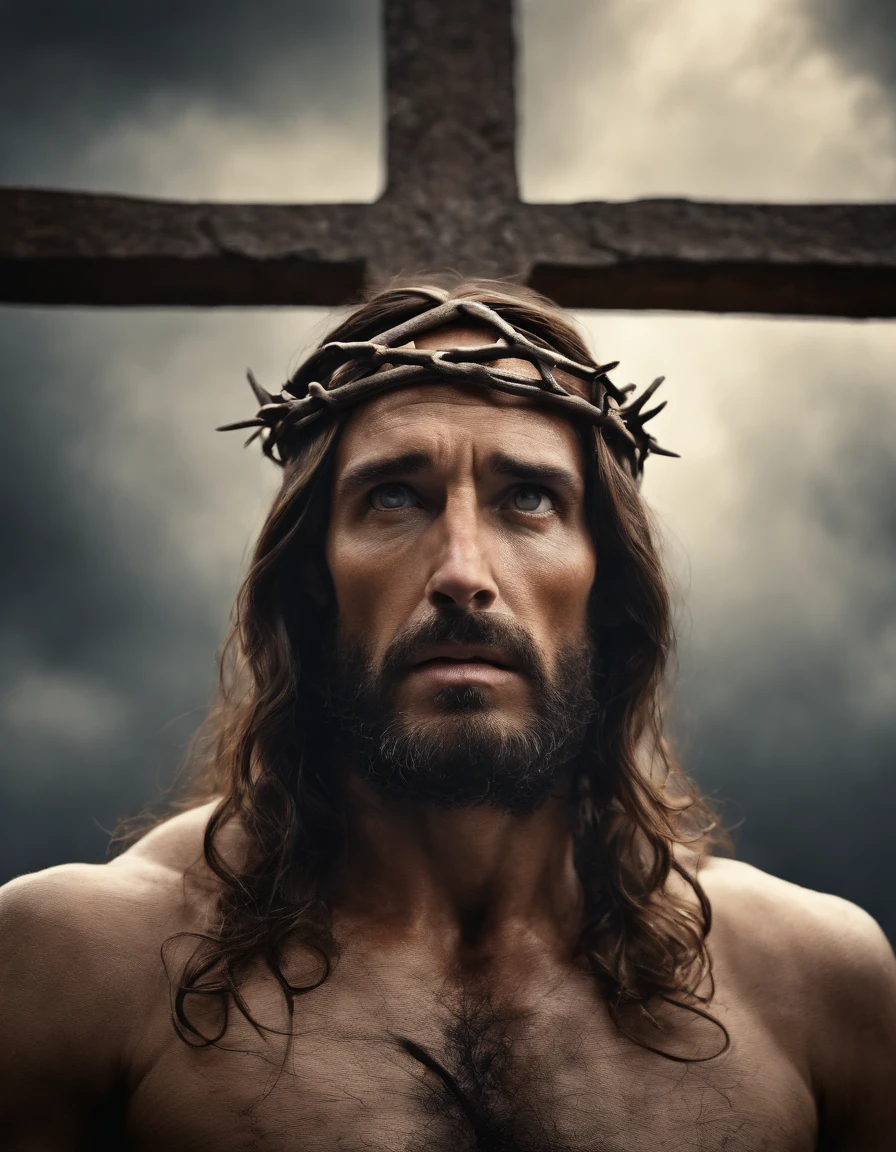 A photorealistic photo capturing Jesus on the cross, with a bird's-eye view looking straight down at Him. ((Crown of thorns on head)). The focus of the image is on Jesus' face as He gazes up at the heavens, gasping for air in the midst of His crucifixion. The scene is set outdoors, with a clear sky in the background. The lighting should be dramatic, emphasizing the emotional intensity of the moment, with rays of sunlight breaking through the clouds to create a sense of divine presence.