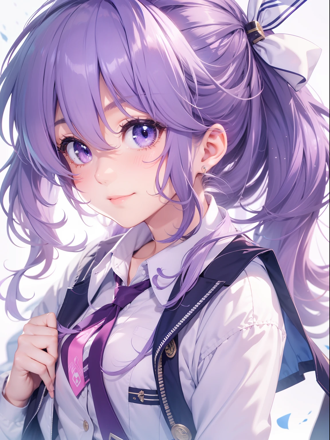 Anime girl with purple hair and purple eyes isolated on black background,[azur lane:1.5]、Over all、 A smile、Pink hair、best anime 4k konachan wallpaper,The purple color of the hair in the video game Azure Lane, Anime girl with purple hair and purple eyes、Highly detailed CG Unity 8k wallpaper, [3D images:1.15],Attractive eyes、[[A detailed eye、Colorful eyes、radiant eyes:1.15]], poneyTail, Blazer, Blue jacket, Blue Ribbon, Blue skirt, buttoning, Collared shirt, Jacket, Long sleeves, Neck ribbon, Pleated skirt, bow ribbon, School uniform, Shirt, Skirt, White shirt, winter uniform、small tits,