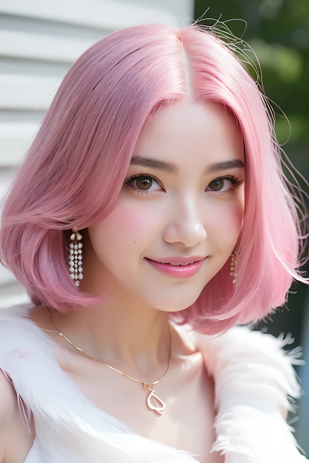 (extra detailed body、extra detailed face、best qualtiy:1.2)、femele、looking at the viewers、(A pink-haired、a smile、Earrings of feathers up to the shoulders、a necklace、near future)、(Oval pink building、art by)
