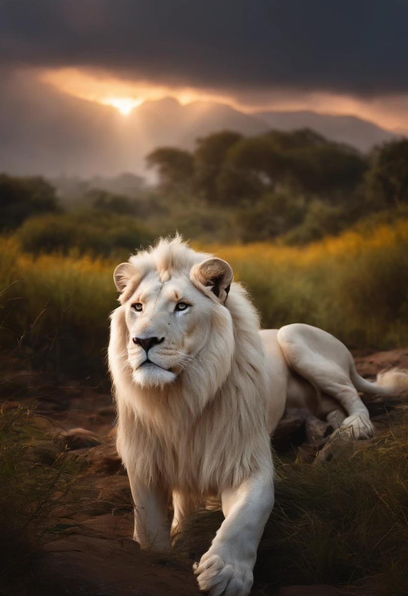 White lion, wet fur, heavy rain, on a riverbank, vibrantly colored vegetation in the environment, ultra detailed, intricate artwork, 8Khyper realistic cover photo dazzling in color, lighting night in the background, intricate. definition of blockbuster, cinematic, 8k resolution photo realistic masterpiece: