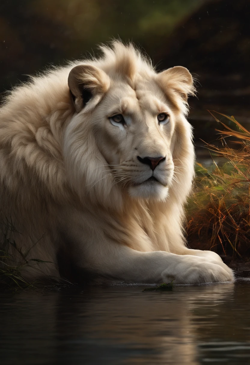 White lion, wet fur, heavy rain, on a riverbank, vibrantly colored vegetation in the environment, ultra detailed, intricate artwork, 8Khyper realistic cover photo dazzling in color, lighting night in the background, intricate. definition of blockbuster, cinematic, 8k resolution photo realistic masterpiece: