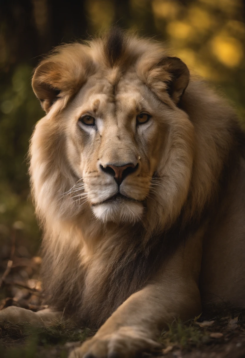 White lion, wet fur, heavy rain, on a riverbank, vibrantly colored vegetation in the environment, ultra detailed, intricate artwork, 8Khyper realistic cover photo dazzling in color, lighting night in the background, intricate. definition of blockbuster, cinematic, 8k resolution photo realistic masterpiece: