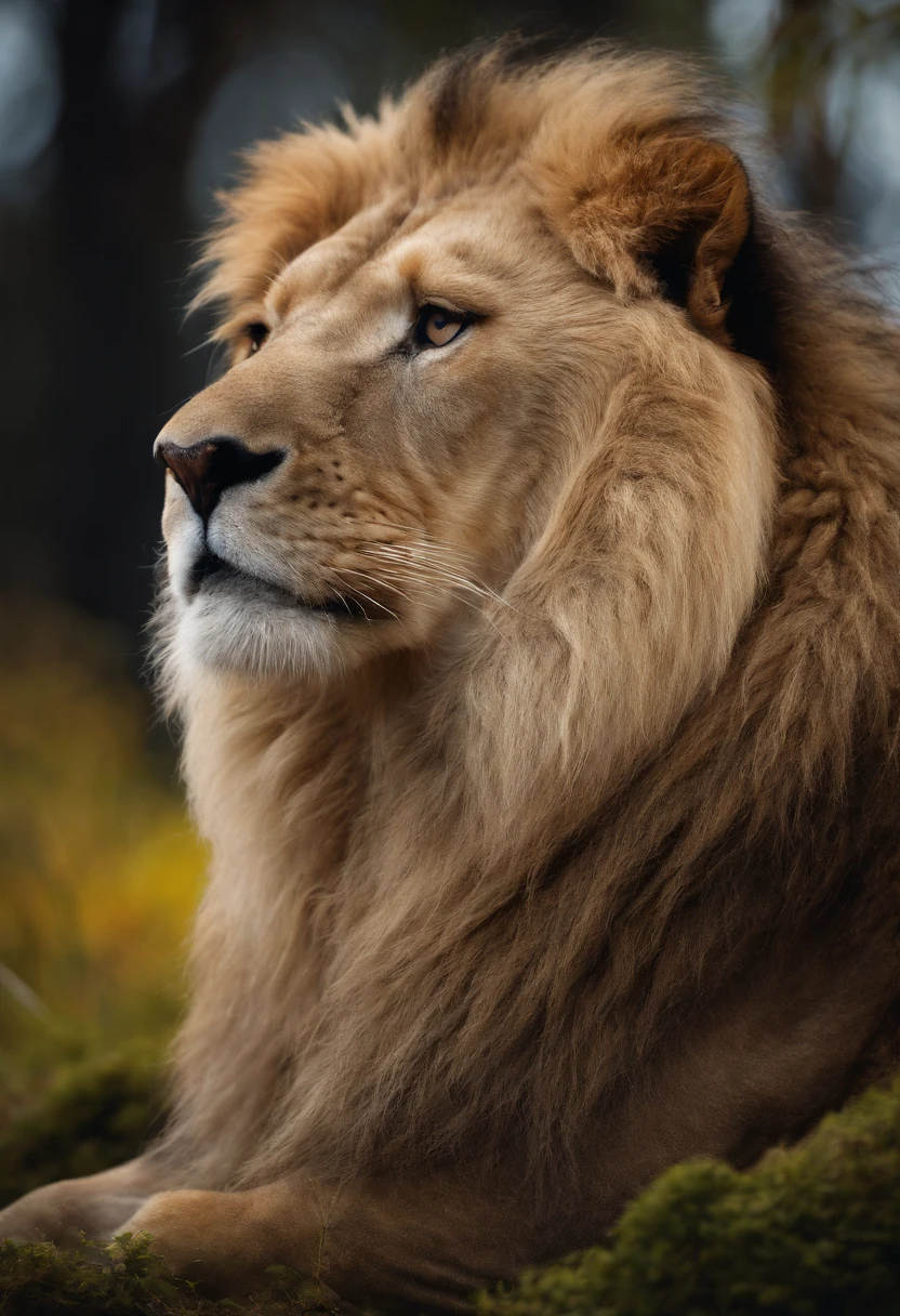 White lion, wet fur, heavy rain, on a riverbank, vibrantly colored vegetation in the environment, ultra detailed, intricate artwork, 8Khyper realistic cover photo dazzling in color, lighting night in the background, intricate. definition of blockbuster, cinematic, 8k resolution photo realistic masterpiece:
