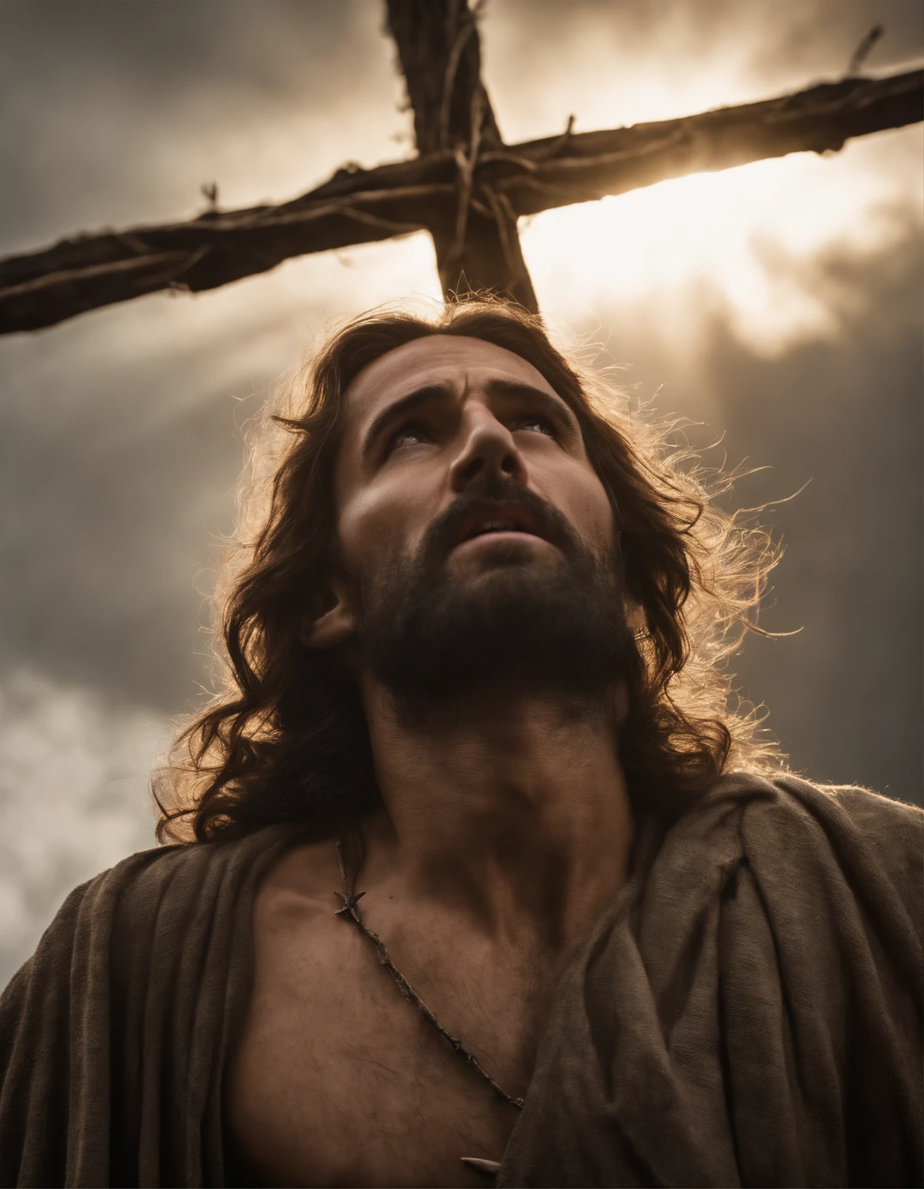 A photorealistic photo capturing Jesus on the cross, with a bird's-eye view looking straight down at Him. ((Crown of thorns on head)). The focus of the image is on Jesus' face as He gazes up at the heavens, gasping for air in the midst of His crucifixion. The scene is set outdoors, with a clear sky in the background. The lighting should be dramatic, emphasizing the emotional intensity of the moment, with rays of sunlight breaking through the clouds to create a sense of divine presence.