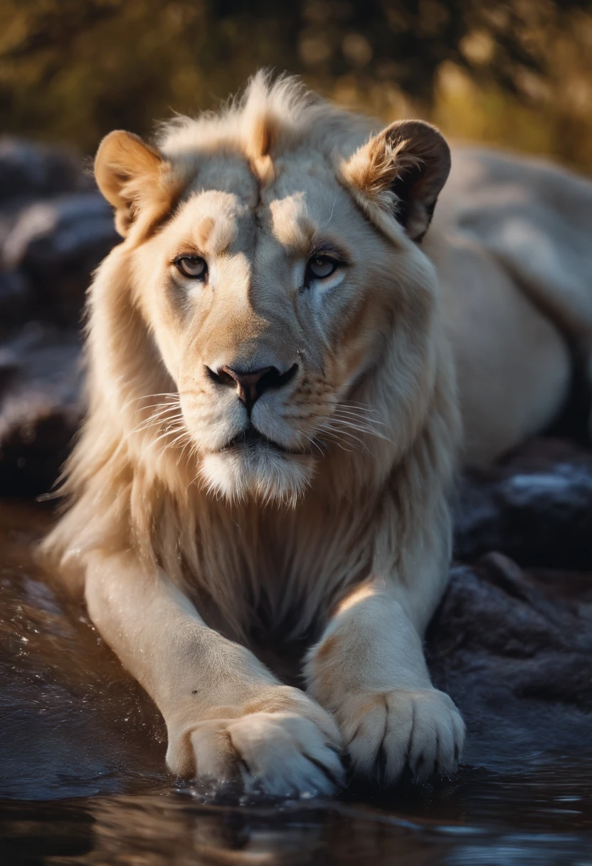 White lion, wet fur, heavy rain, on a riverbank, vibrantly colored vegetation in the environment, ultra detailed, intricate artwork, 8Khyper realistic cover photo dazzling in color, lighting night in the background, intricate. definition of blockbuster, cinematic, 8k resolution photo realistic masterpiece: