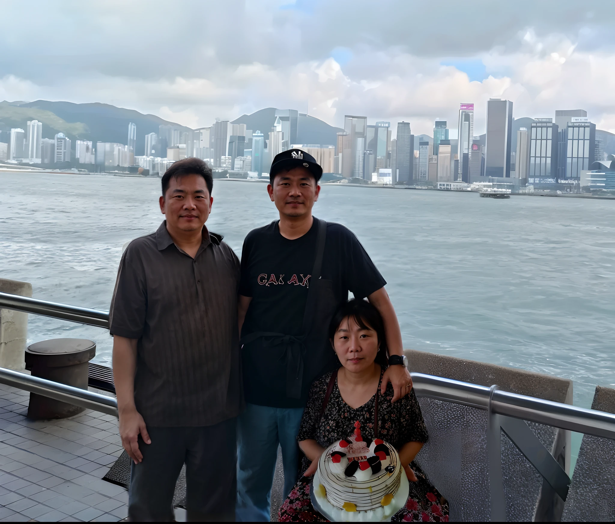 there are two people a man standing next to a woman holding a cake, in hong kong, happy birthday, happy family, post processed denoised, photo taken in 2 0 2 0, postprocessed), postprocessed, with mountains in the background, a colorized photo, vacation photo, kowloon, viral photo, kakar cheung, with a ((garden in the background))