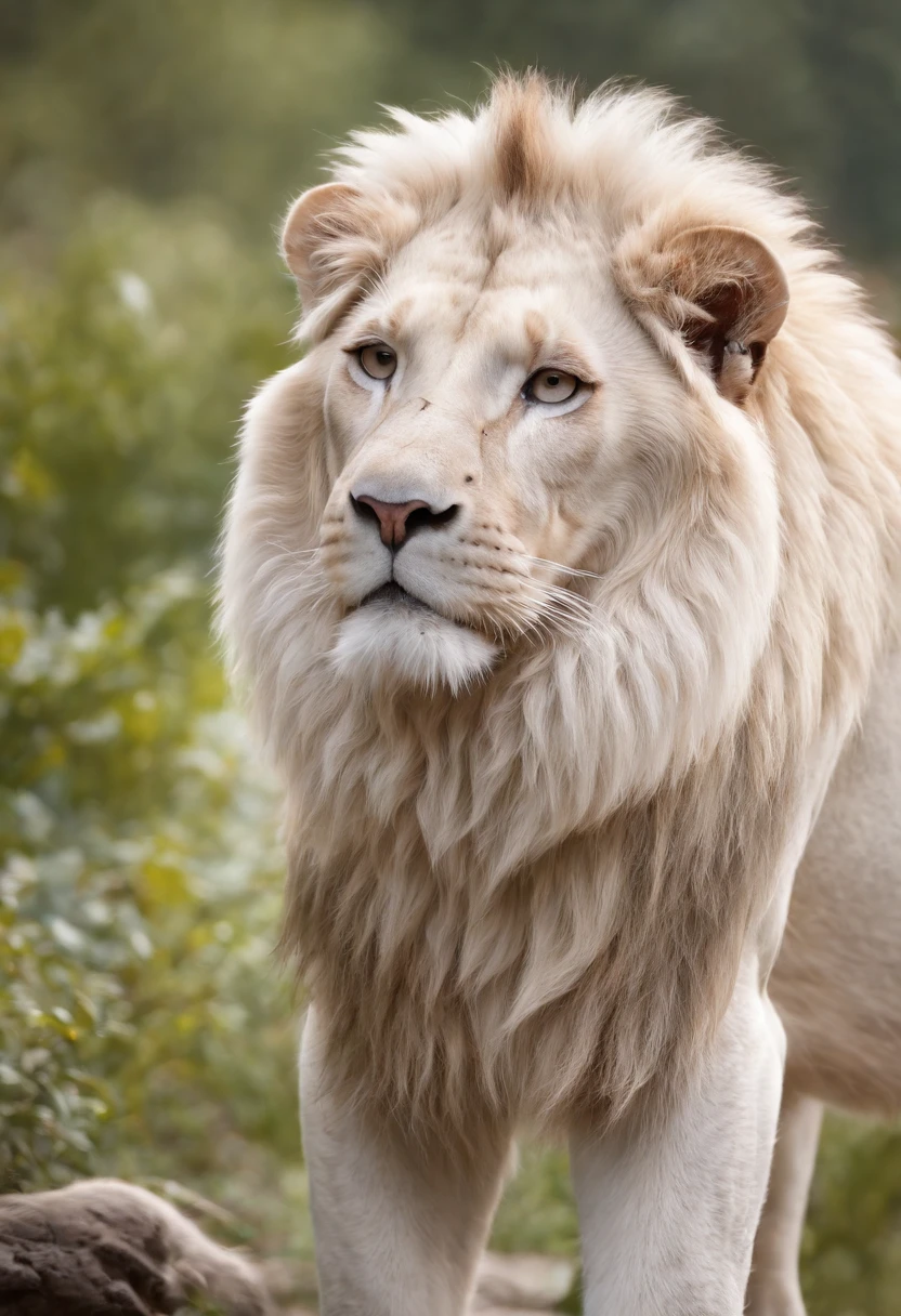 White lion, wet fur, heavy rain, on a riverbank, vibrantly colored vegetation in the environment, ultra detailed, intricate artwork, 8Khyper realistic cover photo dazzling in color, lighting night in the background, intricate. definition of blockbuster, cinematic, 8k resolution photo realistic masterpiece:
