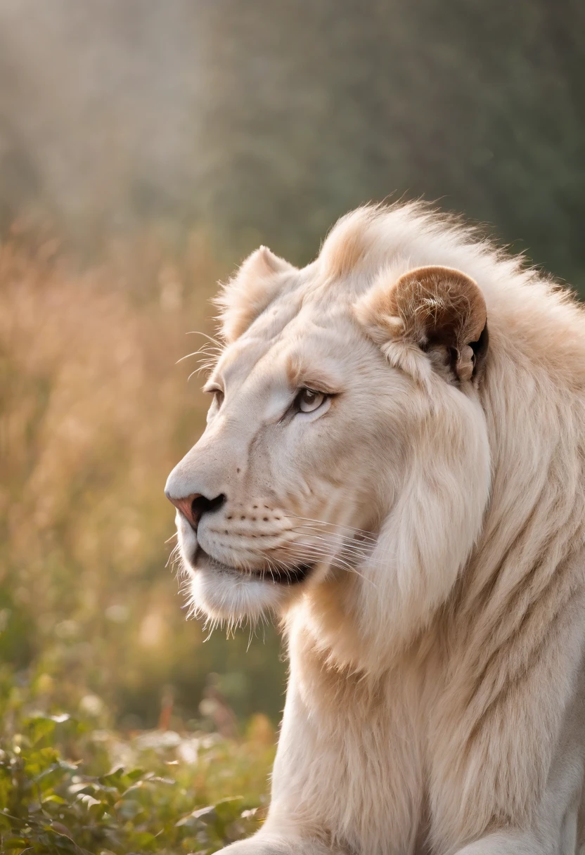 White lion, wet fur, heavy rain, on a riverbank, vibrantly colored vegetation in the environment, ultra detailed, intricate artwork, 8Khyper realistic cover photo dazzling in color, lighting night in the background, intricate. definition of blockbuster, cinematic, 8k resolution photo realistic masterpiece: