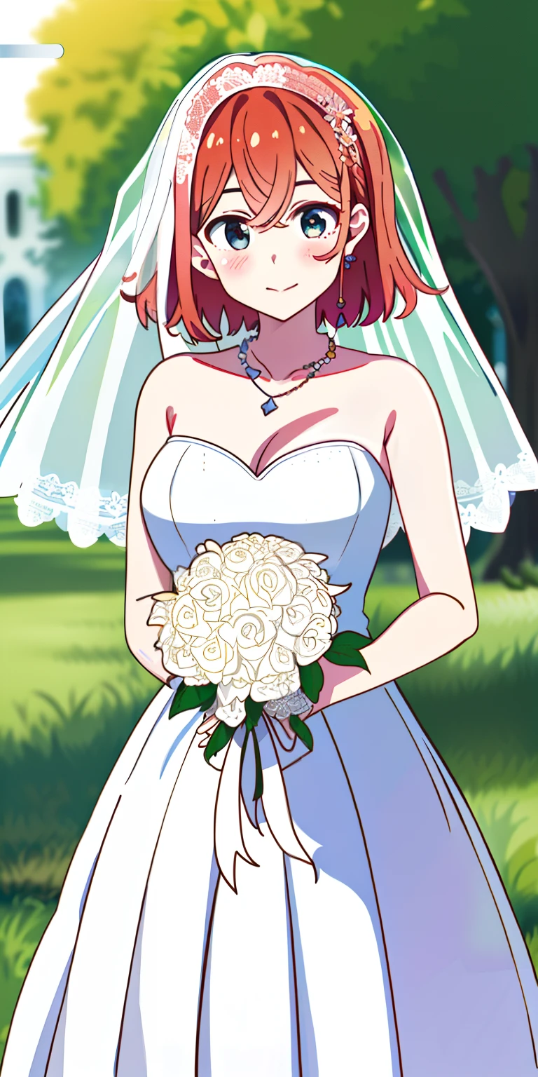 Masterpiece, Best quality, anime big breast, Highly detailed, 1girll, Solo, Cowboy shot, mami, Close up beautiful bride in beautiful wedding dress,Guvitz,(Bridal veil:1.5),(Short transparent veil:1.5),Blush,Head flower,headdress,(Bandeau wedding dress:1.5),(Silk dress:1.2),(Strapless wedding dress:1.5),Plain white dress,necklace,earring,(mideum breasts:1.3),Deep V peach heart collar wedding dress,Liuhai,lipstick,(Lace gloves:1.3),Frontal photo,High detail RAW color art,Tyndall phenomenon,Long white dress,full bodyesbian,