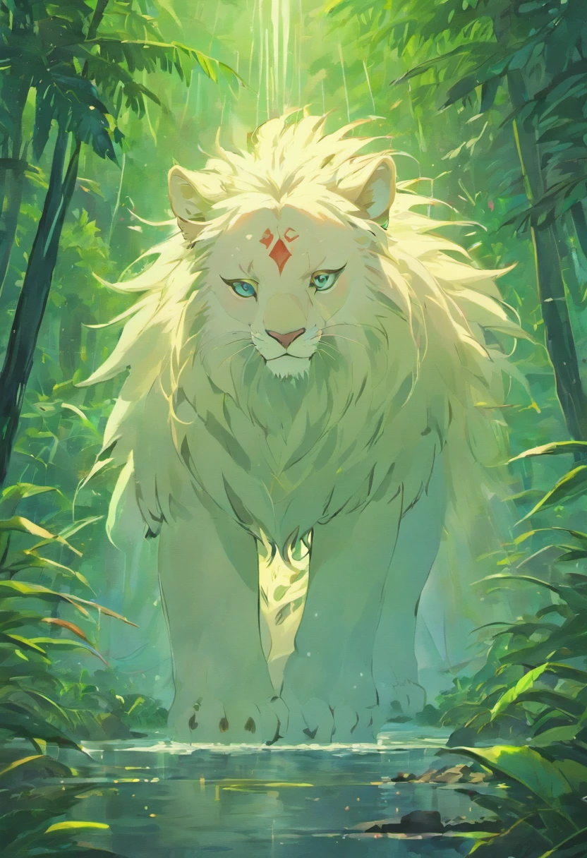 White lion, wet fur, heavy rain, on a riverbank, vibrantly colored vegetation in the environment, ultra detailed, intricate artwork, 8Khyper realistic cover photo dazzling in color, lighting night in the background, intricate. definition of blockbuster, cinematic, 8k resolution photo realistic masterpiece: