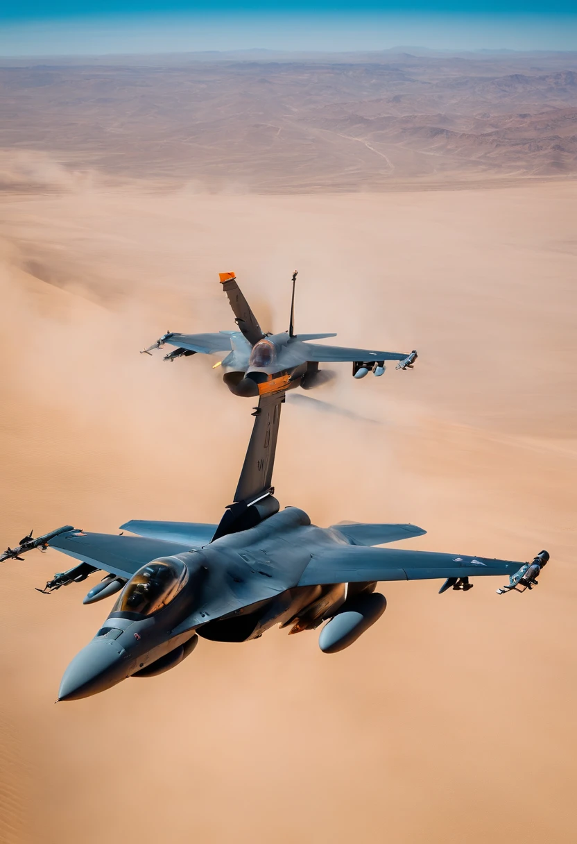 em um ceu azul, no clouds, not showing the ground , Two F16 fighters fire machine gun fire on a descent flight , atirando no solo do deserto