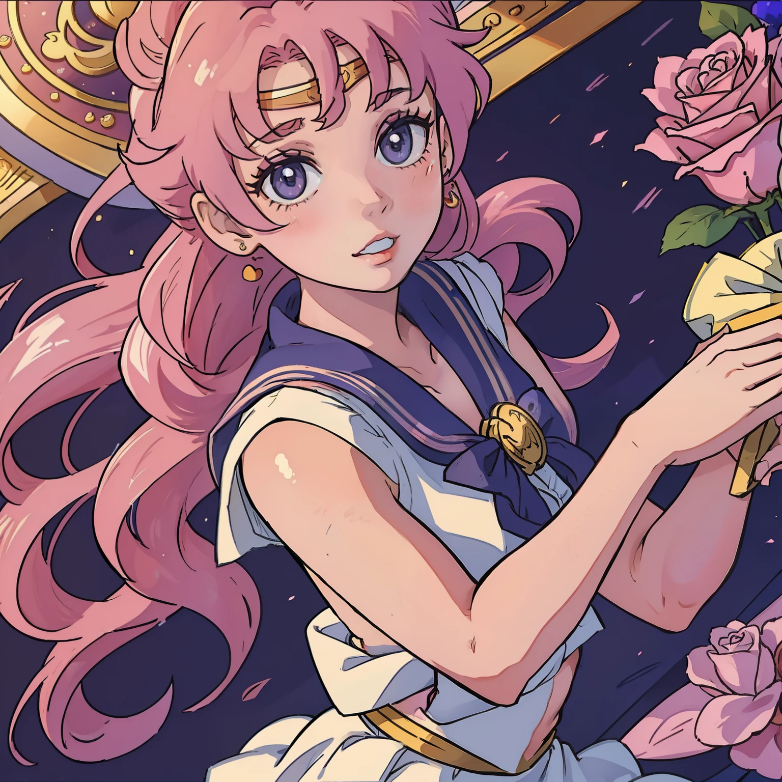 the sailor moon,Sailor Month,A pink-haired,Holding roses