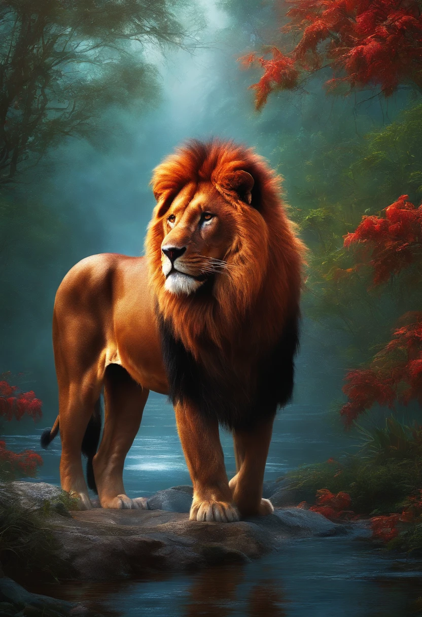 Red lion, wet fur, heavy rain, on a riverbank, vibrantly colored vegetation in the environment, ultra detailed, intricate artwork, 8Khyper realistic cover photo dazzling in color, lighting night in the background, intricate. definition of blockbuster, cinematic, 8k resolution photo realistic masterpiece: