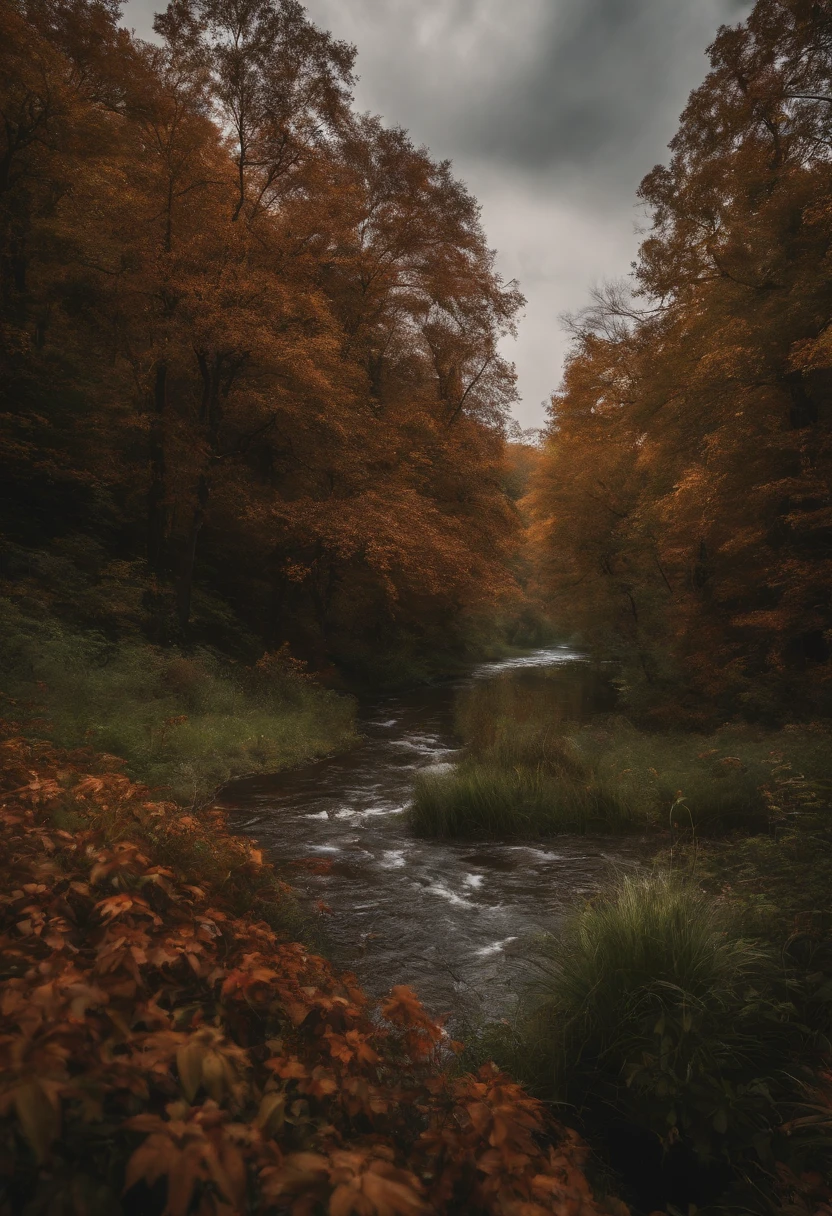 Red lion, wet fur, heavy rain, on a riverbank, vibrantly colored vegetation in the environment, ultra detailed, intricate artwork, 8Khyper realistic cover photo dazzling in color, lighting night in the background, intricate. definition of blockbuster, cinematic, 8k resolution photo realistic masterpiece: