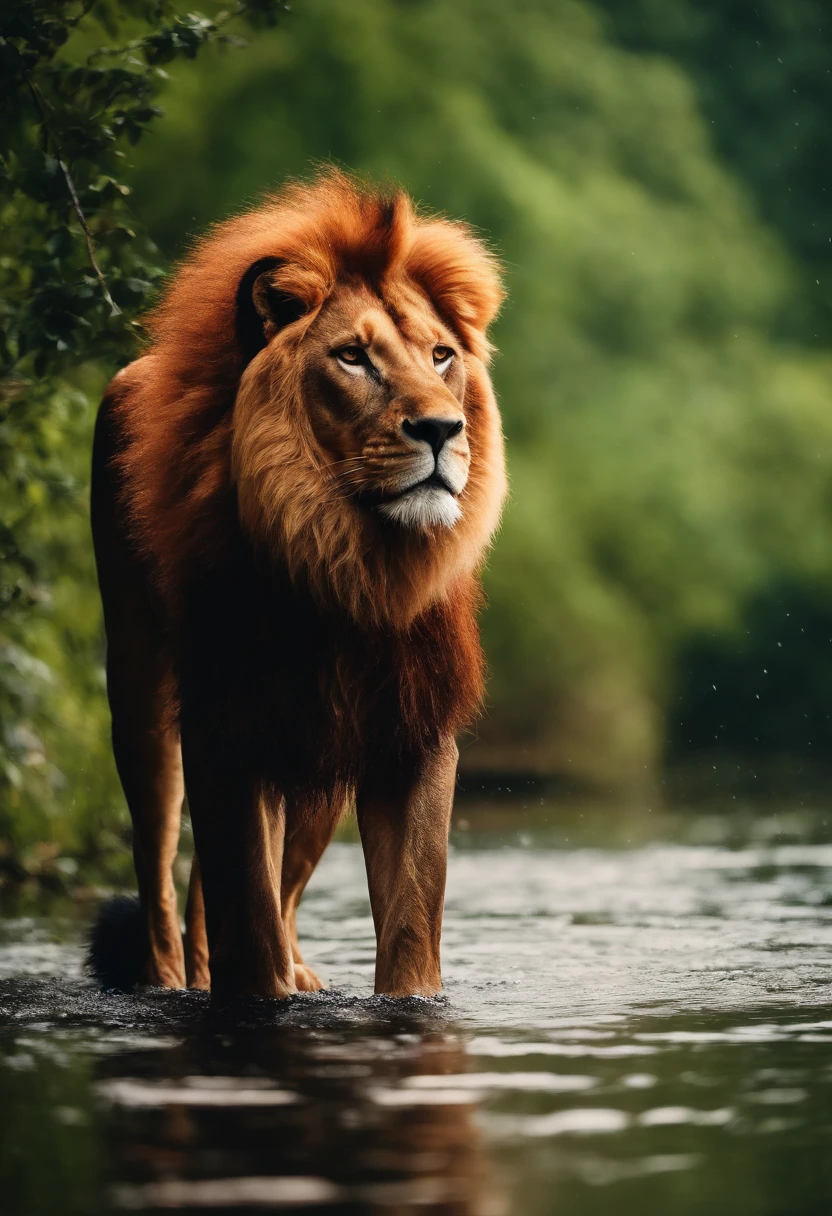 Red lion, wet fur, heavy rain, on a riverbank, vibrantly colored vegetation in the environment, ultra detailed, intricate artwork, 8Khyper realistic cover photo dazzling in color, lighting night in the background, intricate. definition of blockbuster, cinematic, 8k resolution photo realistic masterpiece:
