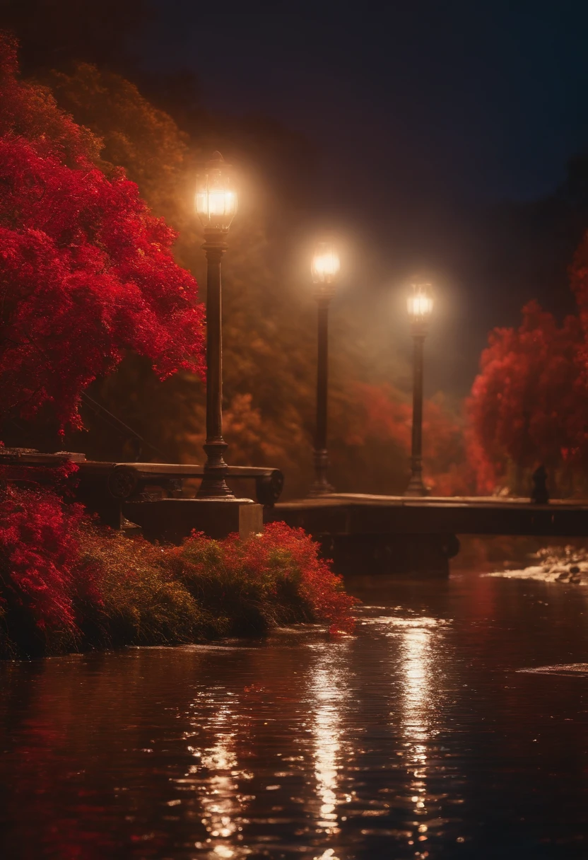 Red lion, wet fur, heavy rain, on a riverbank, vibrantly colored vegetation in the environment, ultra detailed, intricate artwork, 8Khyper realistic cover photo dazzling in color, lighting night in the background, intricate. definition of blockbuster, cinematic, 8k resolution photo realistic masterpiece: