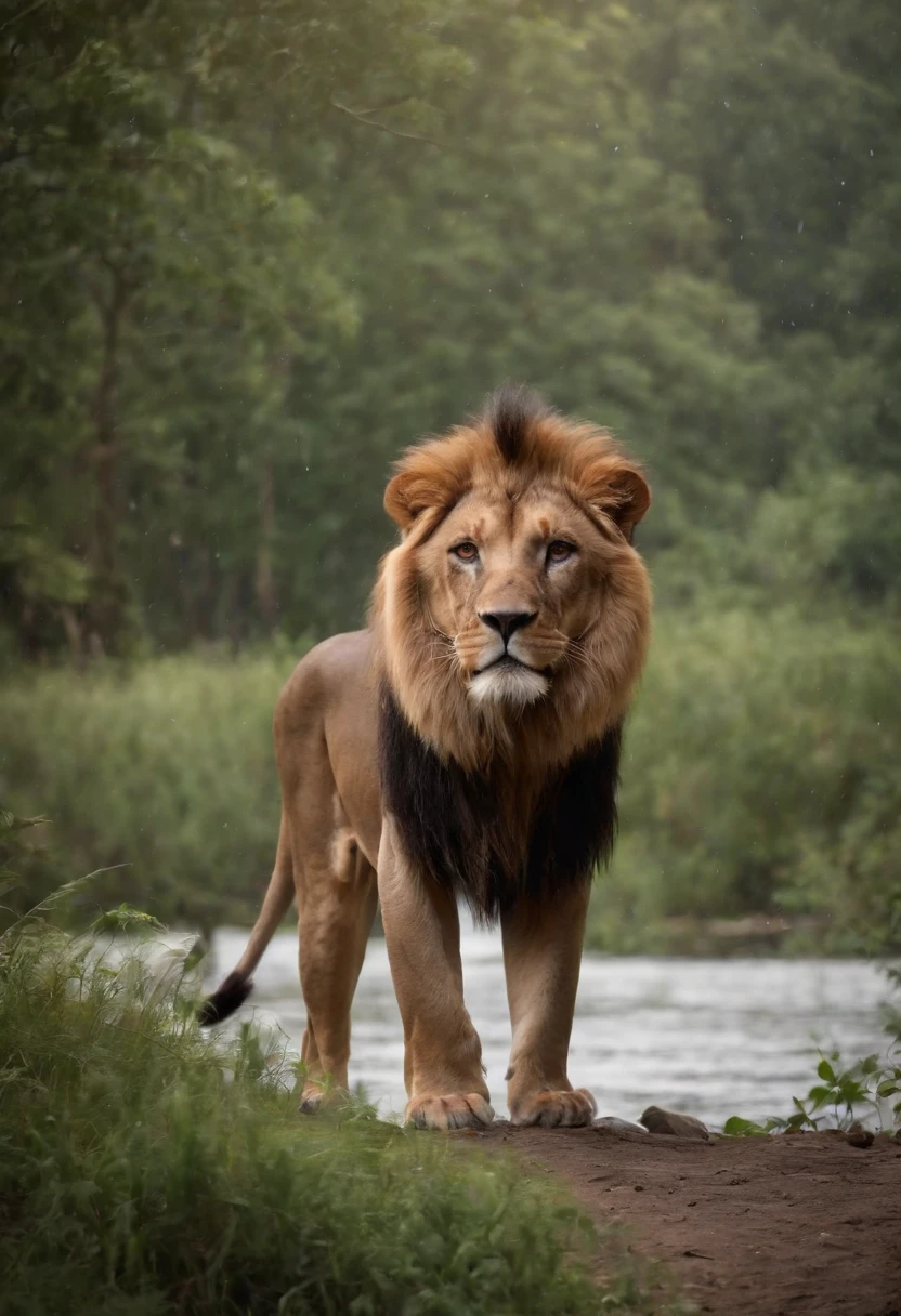 Red lion, wet fur, heavy rain, on a riverbank, vibrantly colored vegetation in the environment, ultra detailed, intricate artwork, 8Khyper realistic cover photo dazzling in color, lighting night in the background, intricate. definition of blockbuster, cinematic, 8k resolution photo realistic masterpiece: