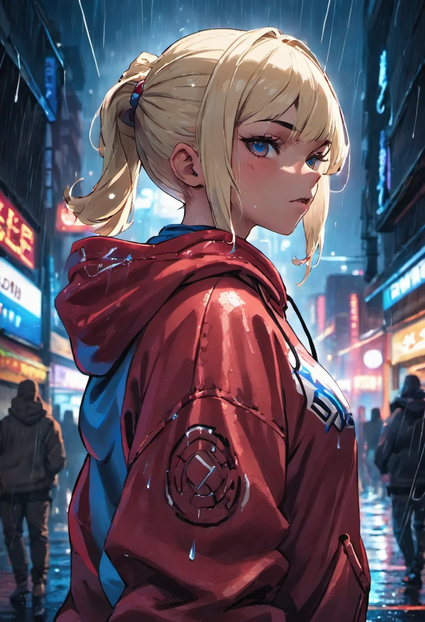 Closeup photograph, confident young cyberpunk woman with blonde and white hair in a bun, wearing a hoodie with red and blue designs on it, in a rain soaked street at night, photorealistic, cinematic lighting