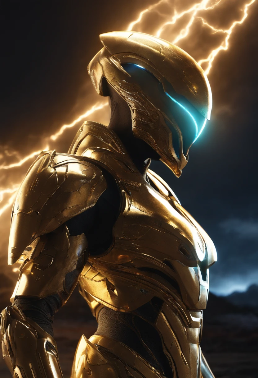 best quality, masterpiece, high resolution, star warrior, gold tech armor, dynamic pose, alien ground, extreme lightning, scattered random lights, whisper, fractal, high resolution, 8K