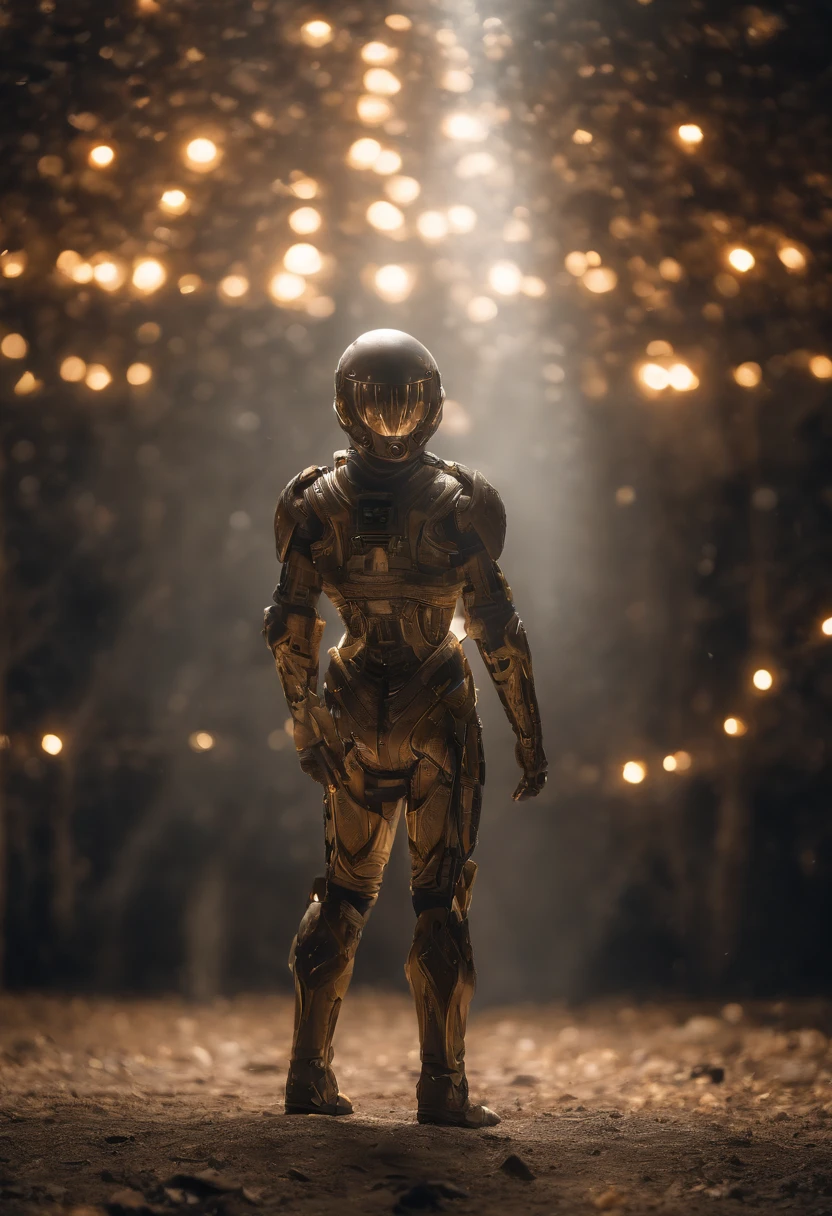 best quality, masterpiece, high resolution, star warrior, gold tech armor, dynamic pose, alien ground, extreme lightning, scattered random lights, whisper, fractal, high resolution, 8K