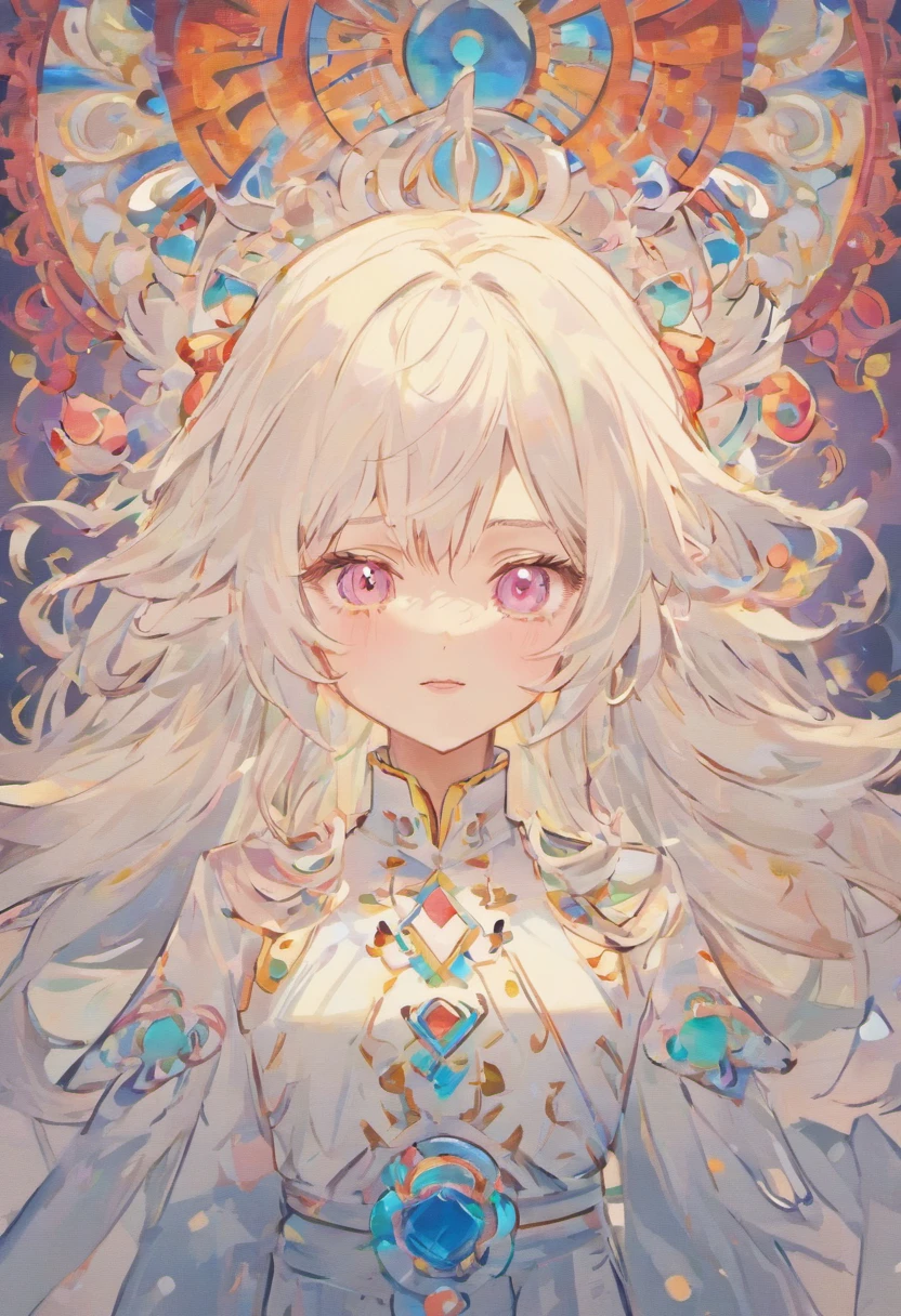 (White background:1.4),(The face of the girl's head, Eyes open, Long white hair、Oriental elements),(Chinese Illustration:1.3,Quilted Paper Art:1.2),( Reasonable design, Clear lines, High Sharpness,Best Quality, Very detailed, masutepiece, Movie Light Effects, 4K )、inky、Ink around、A slight smil、Pink eyes、Pedras preciosas