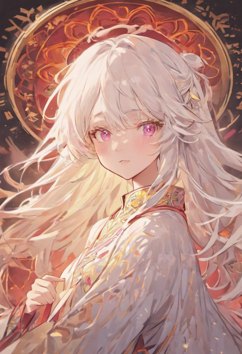 (White background:1.4),(The face of the girl's head, Eyes open, Long white hair、Oriental elements),(Chinese Illustration:1.3,Quilted Paper Art:1.2),( Reasonable design, Clear lines, High Sharpness,Best Quality, Very detailed, masutepiece, Movie Light Effects, 4K )、inky、Ink around、A slight smil、Pink eyes、Pedras preciosas