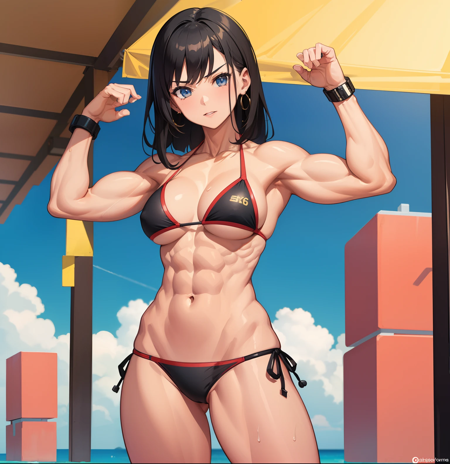 1 girl, super muscular, bikini, flexing