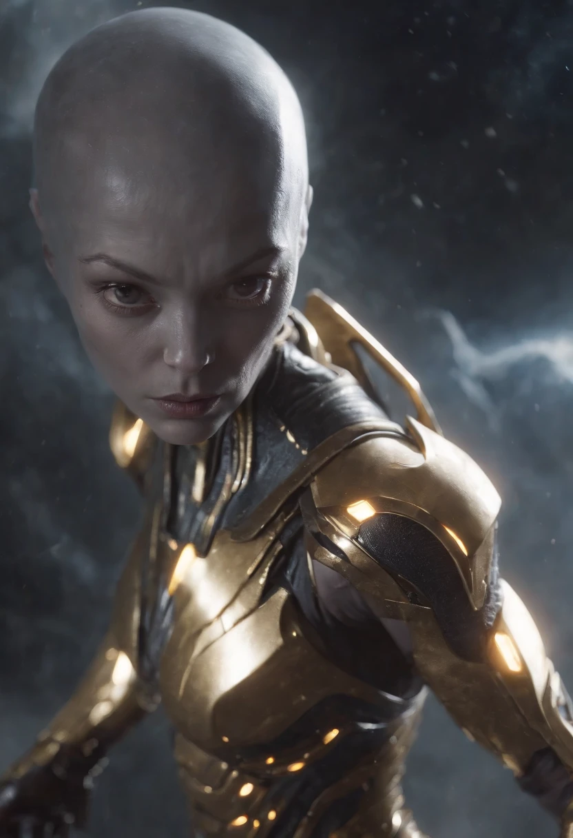 best quality, masterpiece, high resolution, star warrior, gold tech armor, dynamic pose, alien ground, extreme lightning, scattered random lights, whisper, fractal, high resolution, 8K