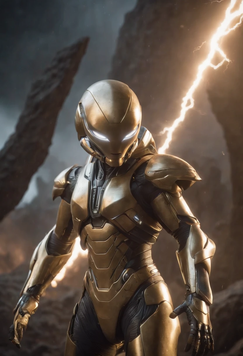 best quality, masterpiece, high resolution, star warrior, gold tech armor, dynamic pose, alien ground, extreme lightning, scattered random lights, whisper, fractal, high resolution, 8K