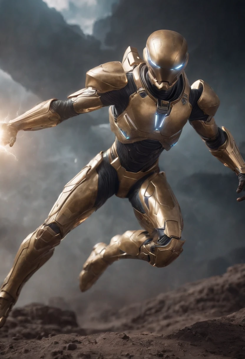 best quality, masterpiece, high resolution, star warrior, gold tech armor, dynamic pose, alien ground, extreme lightning, scattered random lights, whisper, fractal, high resolution, 8K
