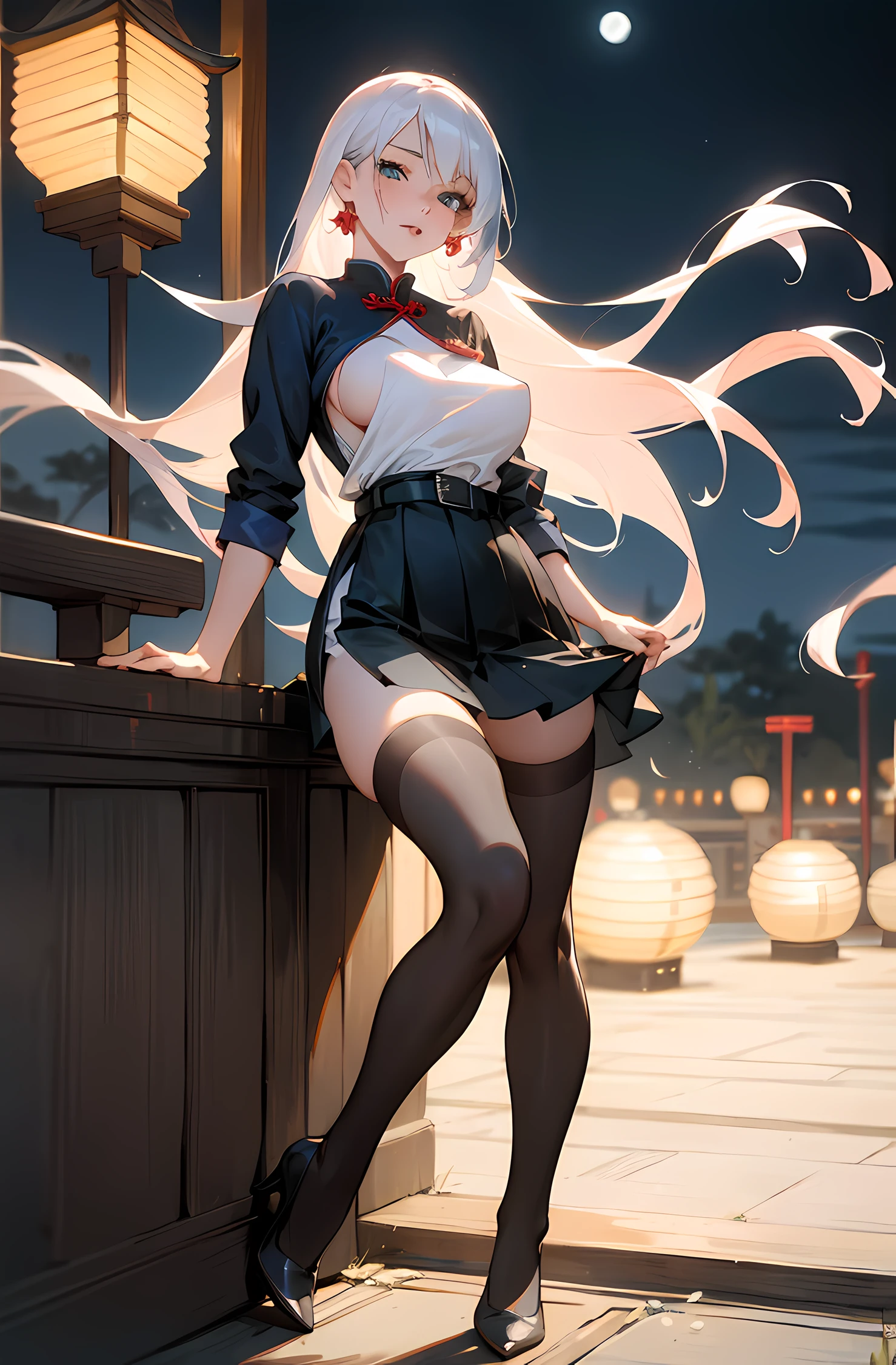 Anime girl in skirt and high heels sitting on the wall, Realistic Schoolgirl, a hyperrealistic schoolgirl, Ecchi anime style, Ecchi style, Rei Hiroe, Ecchi, beautiful anime high school girl, masutepiece, Best Quality, Night, fullmoon, 1 girl, Mature Woman, Chinese style, Ancient China, sisterhood, royal sisters, Cold expression, Faceless, Woman with long silvery-white hair, Light pink lips, Calm, Intellectual, 3 belts, gray pupils, Assassin, Flower lantern, Carrying lanterns, Flower ball background, Take a walk through the street landscape, girl, tall, Hidden arms, Blue_And_Green hair, Detailed clean eyes, navy Blue eyes, Evil smile, medium boobs, long areola, mid-waist, Split abdomen, medium thigh, School uniform, Long black stockings, detailed clothes, Sexy Pose, masutepiece, Hyper realistic, High Definition