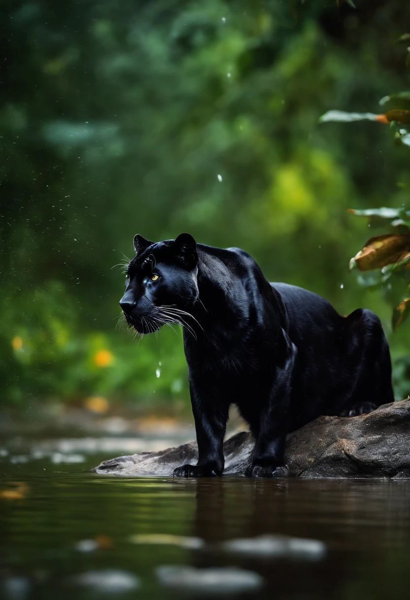 Black Panther, wet fur, heavy rain, on a riverbank, vibrantly colored vegetation in the environment, ultra detailed, intricate artwork, 8Khyper realistic cover photo dazzling in color, lighting night in the background, intricate. definition of blockbuster, cinematic, 8k resolution photo realistic masterpiece: