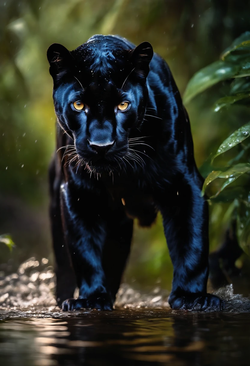 Black Panther, wet fur, heavy rain, on a riverbank, vibrantly colored vegetation in the environment, ultra detailed, intricate artwork, 8Khyper realistic cover photo dazzling in color, lighting night in the background, intricate. definition of blockbuster, cinematic, 8k resolution photo realistic masterpiece: