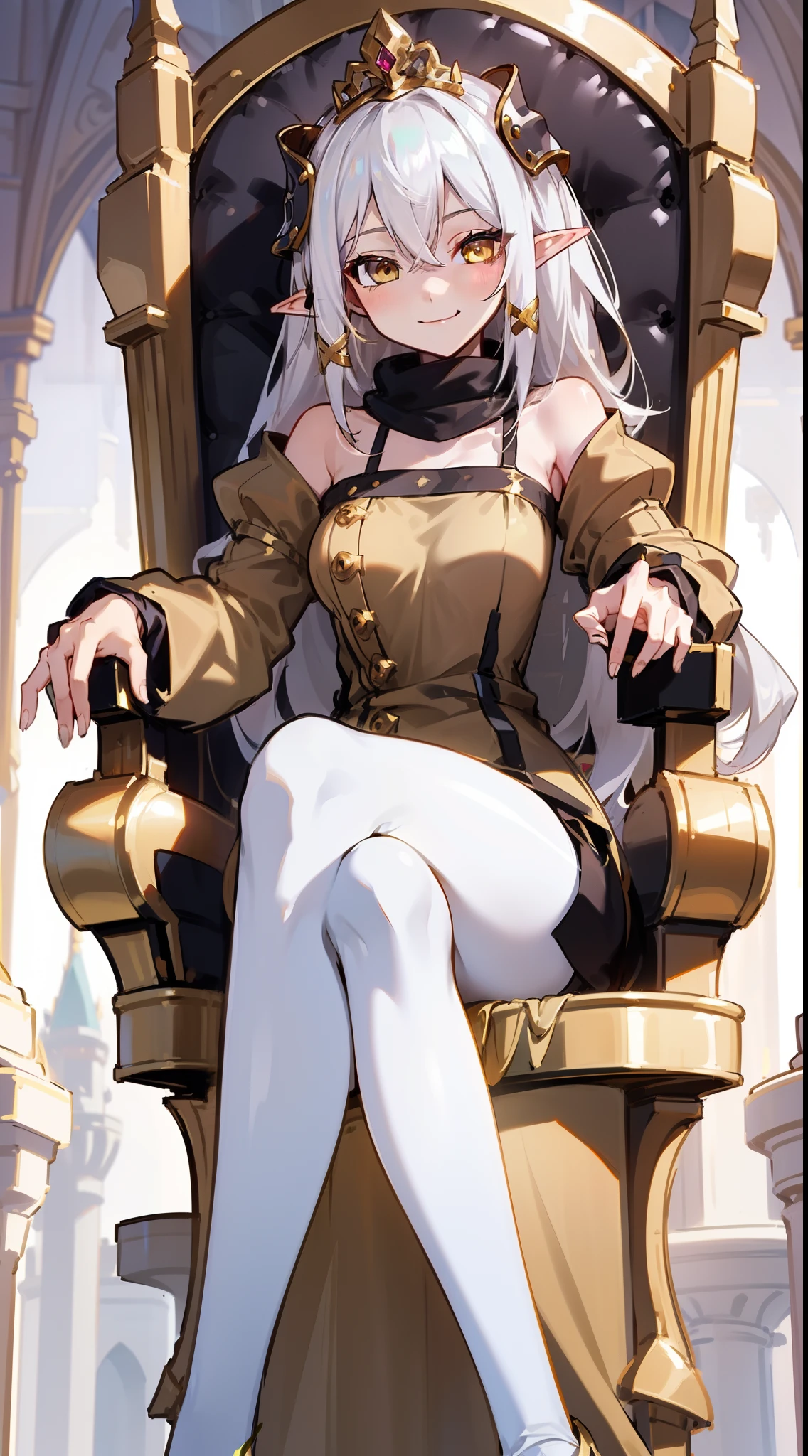 Masterpiece, perfectly detailed, 1girl, very large breasts, naughty look, full body, sadistic expression, medieval clothing, royalty, golden high heels, red thigh-high stockings, full body, 25 years old, front view, golden brown hair, standing, dynamic pose, throne room in the background @n4d1e