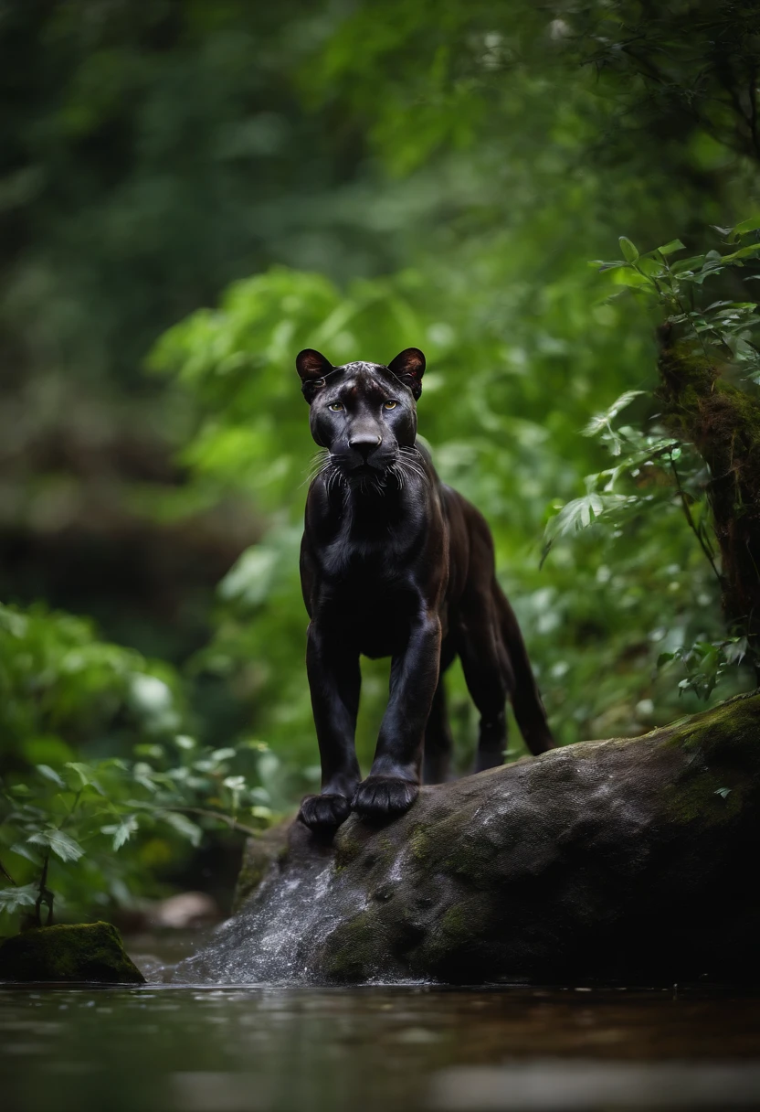 Black Panther, wet fur, heavy rain, on a riverbank, vibrantly colored vegetation in the environment, ultra detailed, intricate artwork, 8Khyper realistic cover photo dazzling in color, lighting night in the background, intricate. definition of blockbuster, cinematic, 8k resolution photo realistic masterpiece: