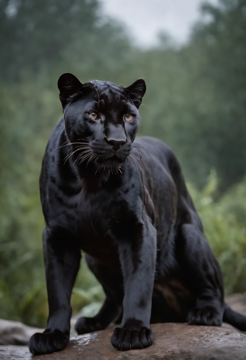 Black Panther, wet fur, heavy rain, on a riverbank, vibrantly colored vegetation in the environment, ultra detailed, intricate artwork, 8Khyper realistic cover photo dazzling in color, lighting night in the background, intricate. definition of blockbuster, cinematic, 8k resolution photo realistic masterpiece: