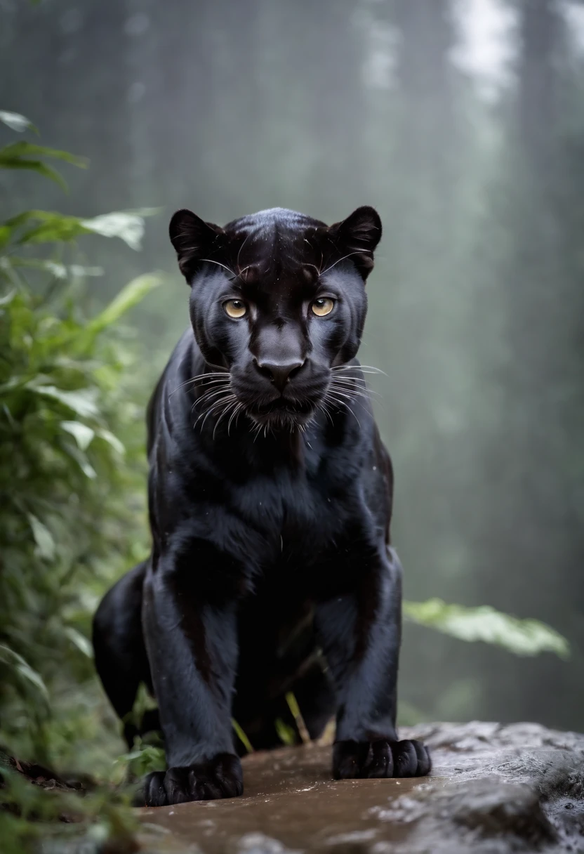 Black Panther, wet fur, heavy rain, on a riverbank, vibrantly colored vegetation in the environment, ultra detailed, intricate artwork, 8Khyper realistic cover photo dazzling in color, lighting night in the background, intricate. definition of blockbuster, cinematic, 8k resolution photo realistic masterpiece:
